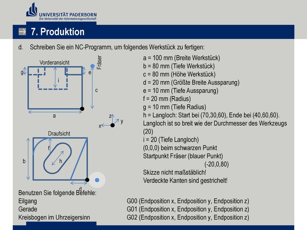 7. Produktion Schreiben Sie ein NC-Programm, um folgendes Werkstück zu fertigen: Benutzen Sie folgende Befehle: