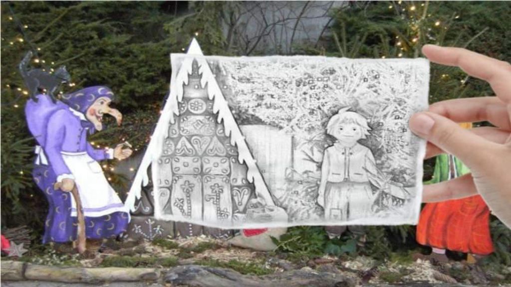 Dort die hübschen Märchenwesen, Hänsel mit der Gretel lacht.