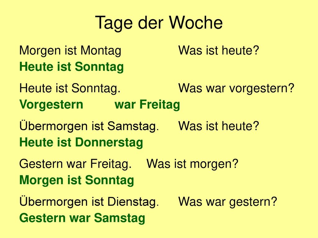 Tage der Woche Morgen ist Montag Was ist heute Heute ist Sonntag