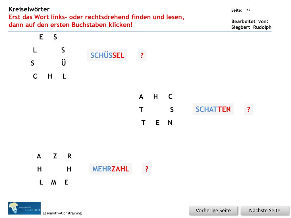 SCHÜSSEL SCHATTEN MEHRZAHL E S L S S Ü C H L A H C T S T E N