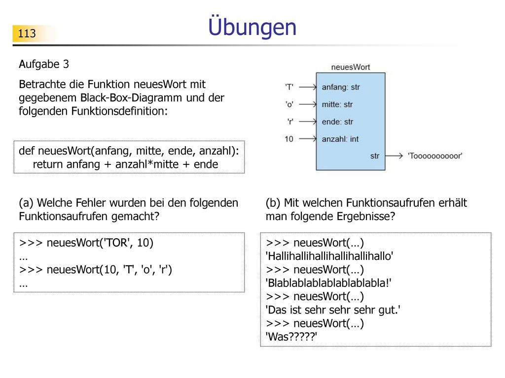Übungen Aufgabe 3. Betrachte die Funktion neuesWort mit gegebenem Black-Box-Diagramm und der folgenden Funktionsdefinition: