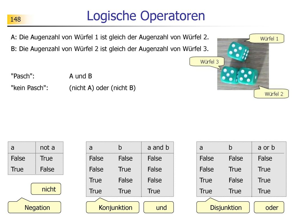 Logische Operatoren A: Die Augenzahl von Würfel 1 ist gleich der Augenzahl von Würfel 2.
