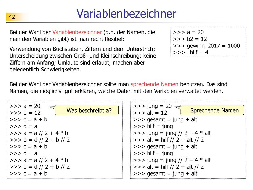 Variablenbezeichner Bei der Wahl der Variablenbezeichner (d.h. der Namen, die man den Variablen gibt) ist man recht flexibel: