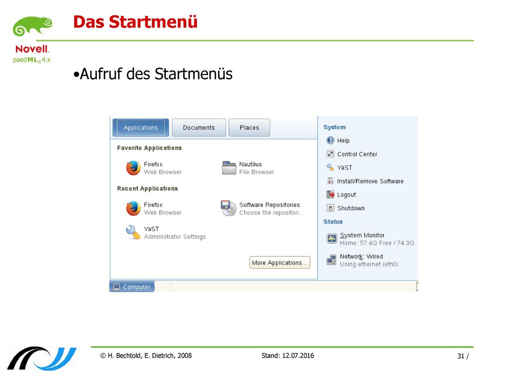 Das Startmenü Aufruf des Startmenüs © H. Bechtold, E. Dietrich, 2008
