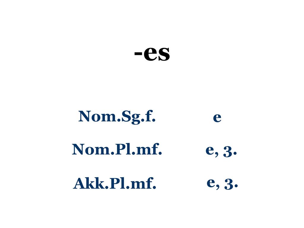 Inzwischen -es Nom.Sg.f. e Nom.Pl.mf. e, 3. Akk.Pl.mf. e, 3.