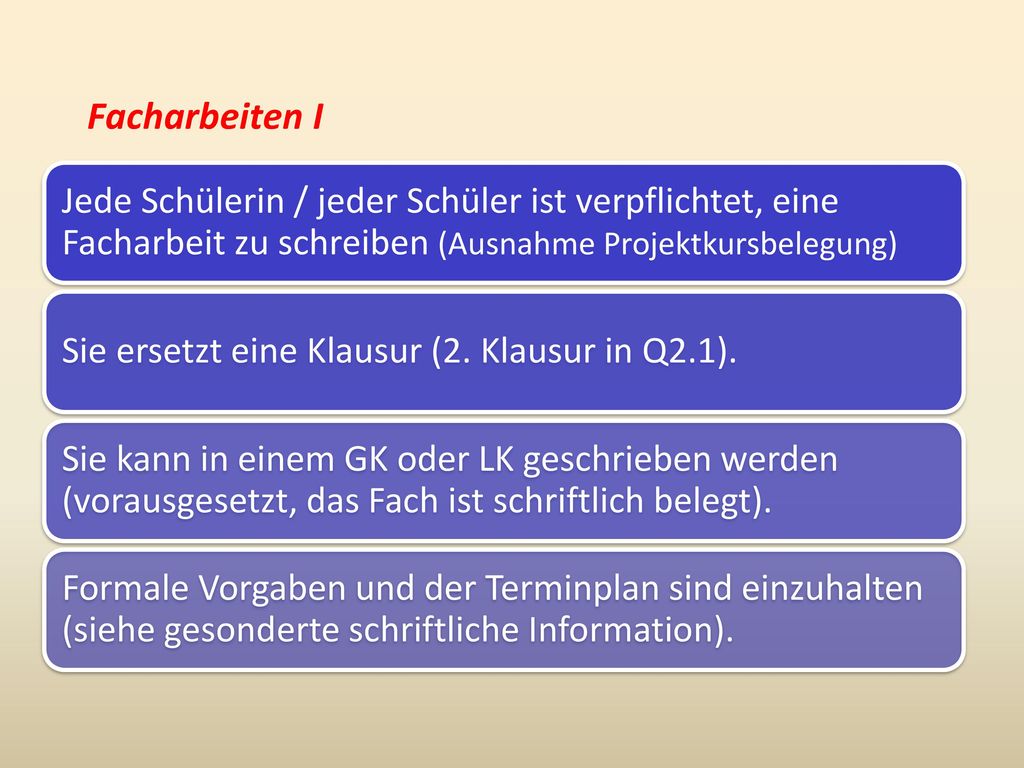 Facharbeiten I Jede Schülerin / jeder Schüler ist verpflichtet, eine Facharbeit zu schreiben (Ausnahme Projektkursbelegung)