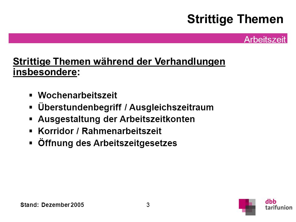 Strittige Themen Arbeitszeit. Strittige Themen während der Verhandlungen insbesondere: Wochenarbeitszeit.