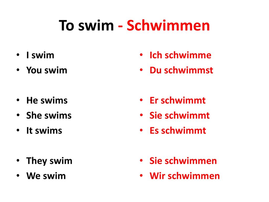 To swim - Schwimmen I swim You swim He swims She swims It swims