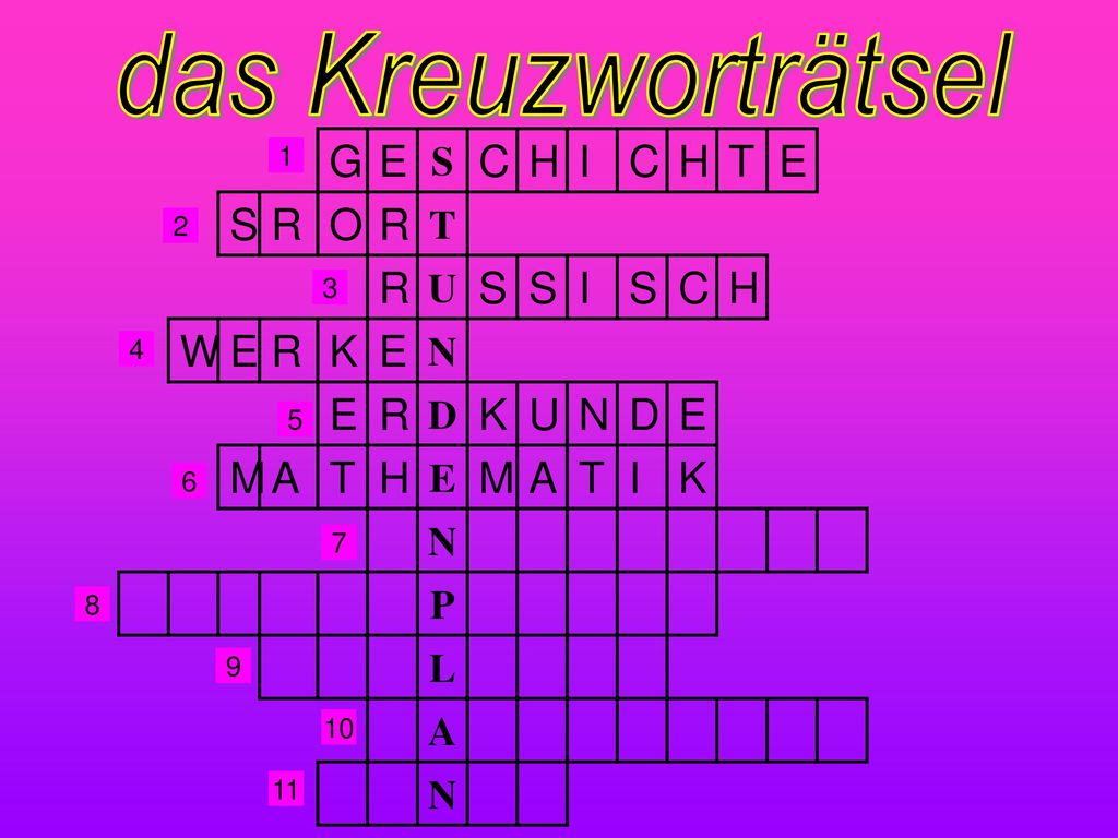 das Kreuzworträtsel G E C H I T R O W K M A S U N D P L