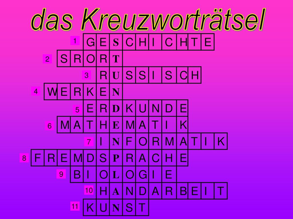 das Kreuzworträtsel G E C H I T R O W K M A F B S U N D P L