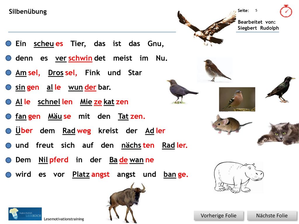 Ein scheu es Tier, das ist das Gnu, denn es ver schwin det meist im