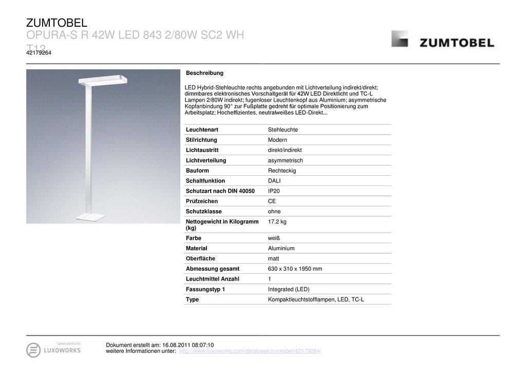 ZUMTOBEL OPURA-S R 42W LED 843 2/80W SC2 WH T Beschreibung