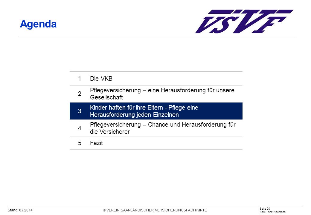 Agenda 1. Die VKB. 2. Pflegeversicherung – eine Herausforderung für unsere Gesellschaft. 3.