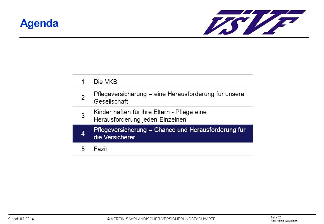Agenda 1. Die VKB. 2. Pflegeversicherung – eine Herausforderung für unsere Gesellschaft. 3.
