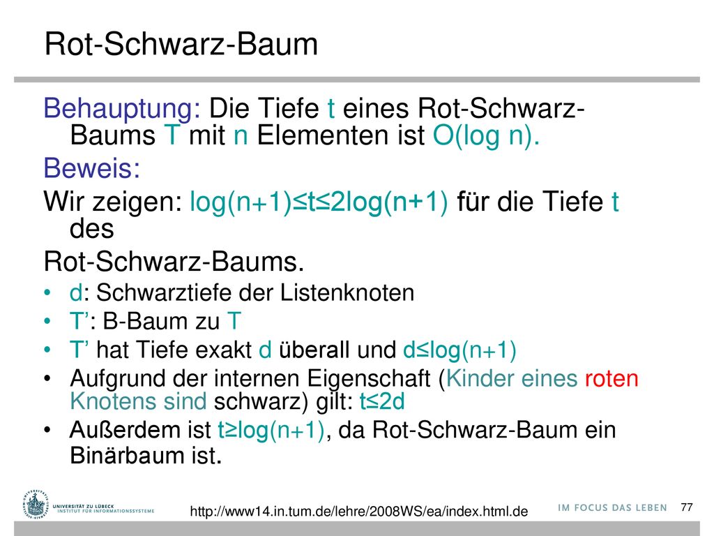 Rot-Schwarz-Baum Behauptung: Die Tiefe t eines Rot-Schwarz-Baums T mit n Elementen ist O(log n). Beweis: