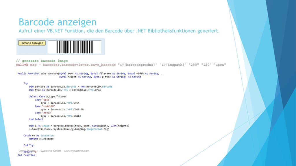 Barcode anzeigen Aufruf einer VB. NET Funktion, die den Barcode über