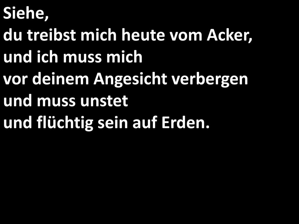 Siehe, du treibst mich heute vom Acker, und ich muss mich vor deinem Angesicht verbergen und muss unstet und flüchtig sein auf Erden.