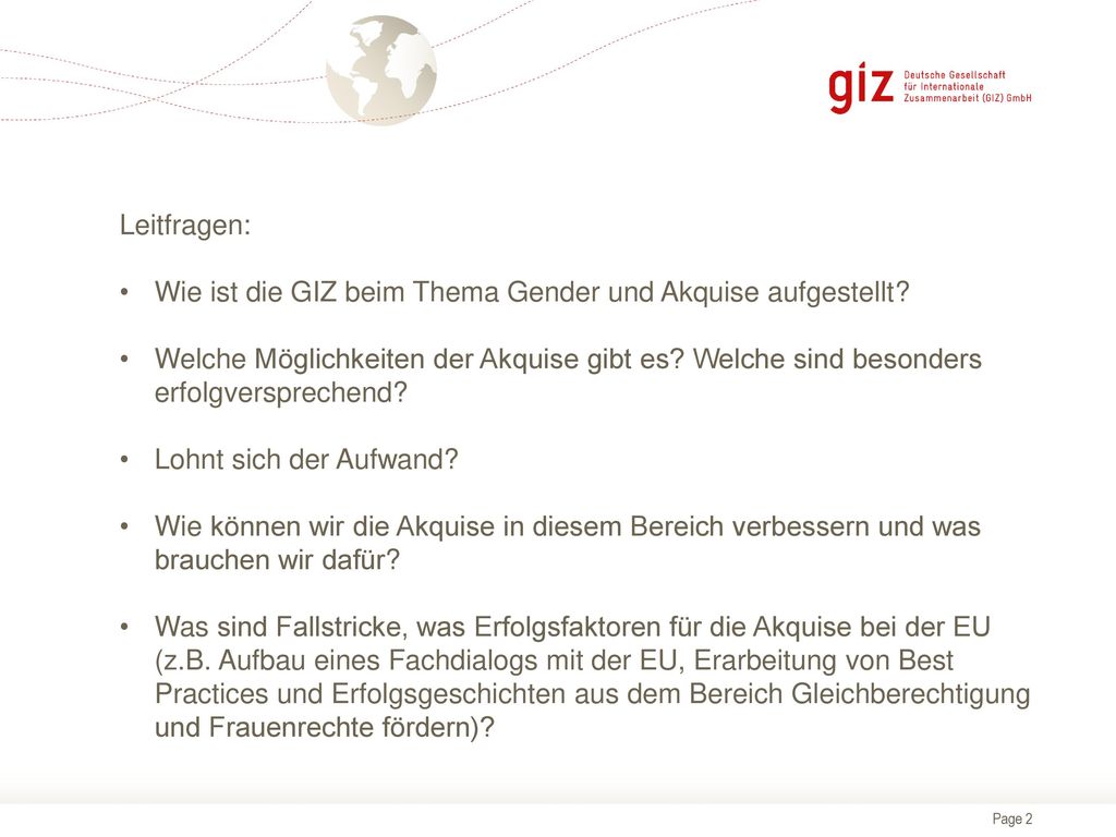 Leitfragen: Wie ist die GIZ beim Thema Gender und Akquise aufgestellt