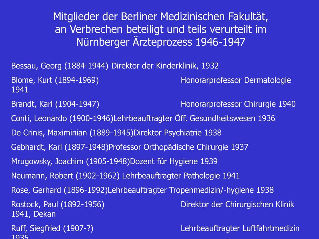 Mitglieder der Berliner Medizinischen Fakultät, an Verbrechen beteiligt und teils verurteilt im Nürnberger Ärzteprozess