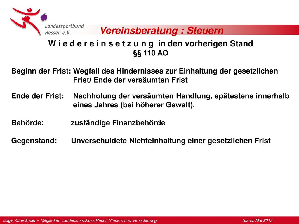 W i e d e r e i n s e t z u n g in den vorherigen Stand