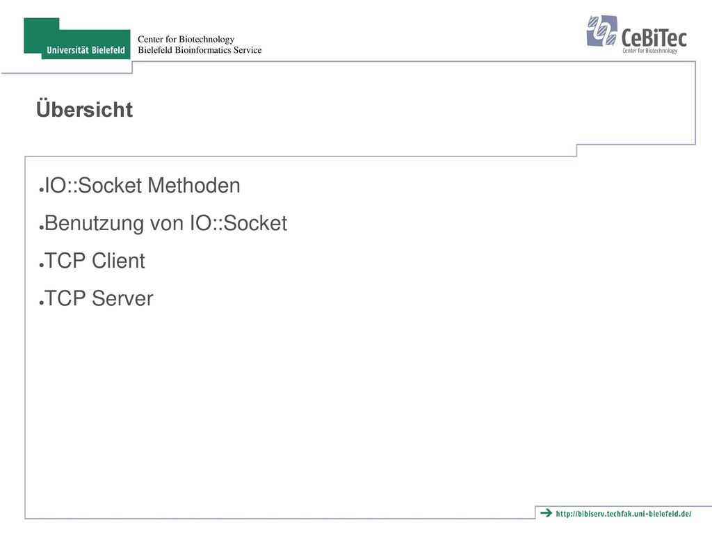 Übersicht IO::Socket Methoden Benutzung von IO::Socket TCP Client TCP Server