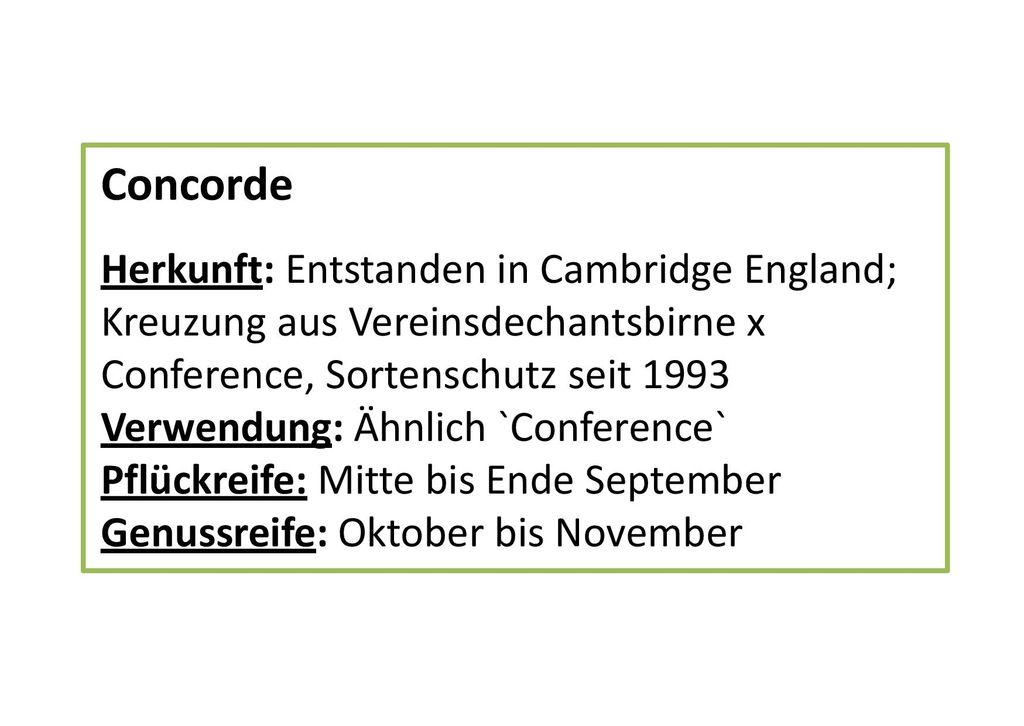 Concorde Herkunft: Entstanden in Cambridge England; Kreuzung aus Vereinsdechantsbirne x Conference, Sortenschutz seit