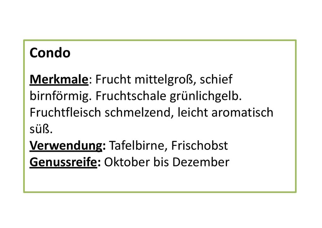 Condo Merkmale: Frucht mittelgroß, schief birnförmig. Fruchtschale grünlichgelb. Fruchtfleisch schmelzend, leicht aromatisch süß.