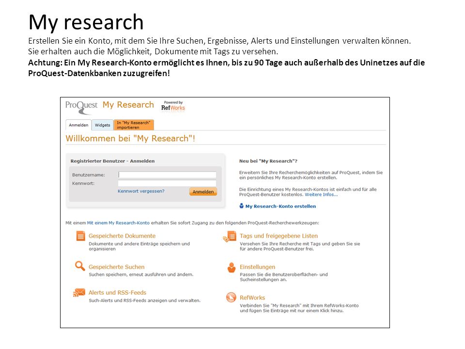 My research Erstellen Sie ein Konto, mit dem Sie Ihre Suchen, Ergebnisse, Alerts und Einstellungen verwalten können.