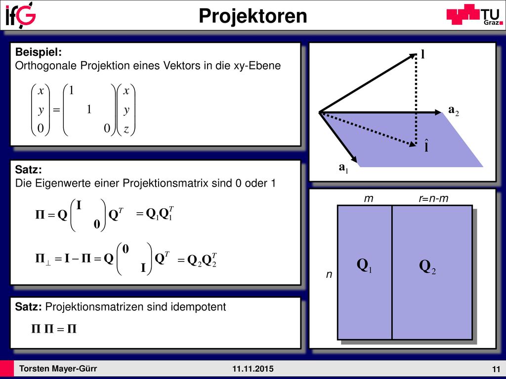 Projektoren Beispiel: Orthogonale Projektion eines Vektors in die xy-Ebene. Satz: Die Eigenwerte einer Projektionsmatrix sind 0 oder 1.