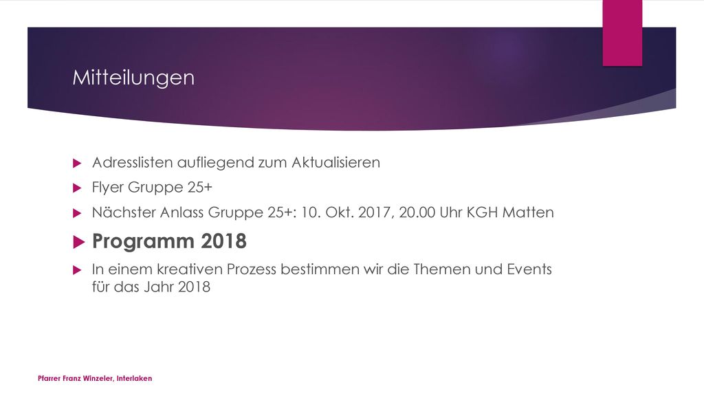 Mitteilungen Programm 2018 Adresslisten aufliegend zum Aktualisieren