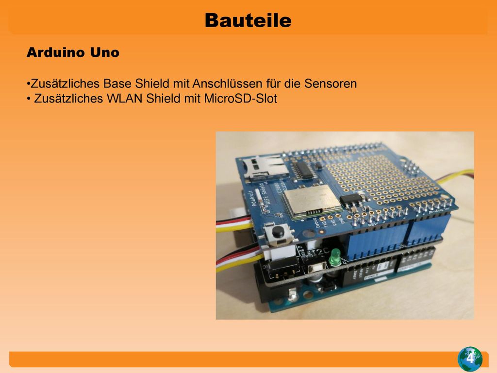 Bauteile Arduino Uno. Zusätzliches Base Shield mit Anschlüssen für die Sensoren.