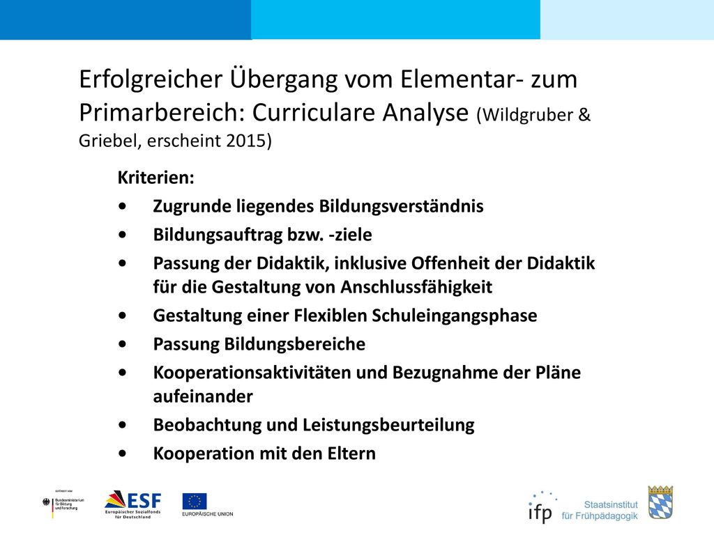 Erfolgreicher Übergang vom Elementar- zum Primarbereich: Curriculare Analyse (Wildgruber & Griebel, erscheint 2015)