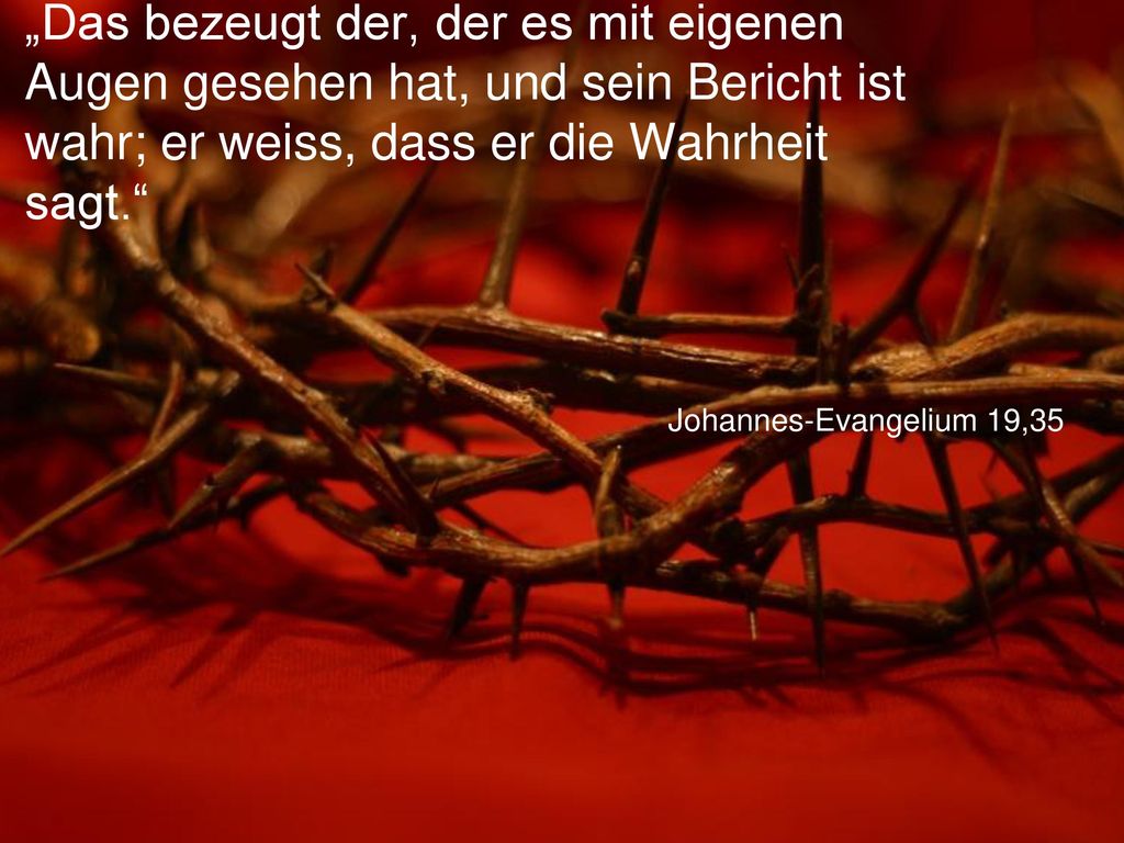 „Das bezeugt der, der es mit eigenen Augen gesehen hat, und sein Bericht ist wahr; er weiss, dass er die Wahrheit sagt.