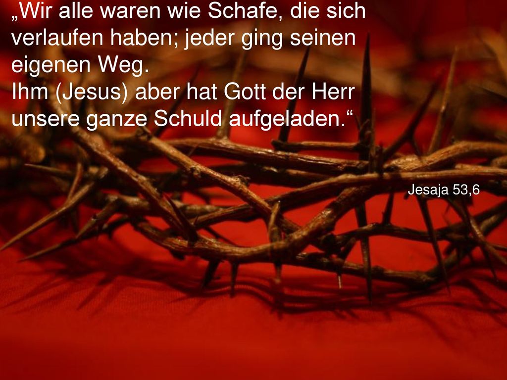 „Wir alle waren wie Schafe, die sich verlaufen haben; jeder ging seinen eigenen Weg. Ihm (Jesus) aber hat Gott der Herr unsere ganze Schuld aufgeladen.