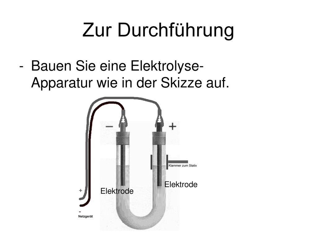 Zur Durchführung Bauen Sie eine Elektrolyse-Apparatur wie in der Skizze auf. Elektrode Elektrode