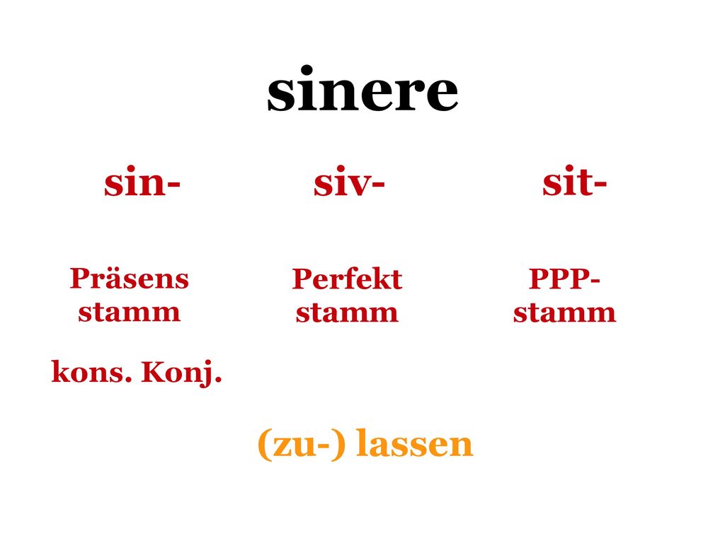 sinere sin- siv- sit- (zu-) lassen Präsens stamm Perfekt stamm PPP-