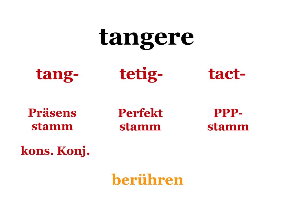 tangere tang- tetig- tact- berühren Präsens stamm Perfekt stamm PPP-
