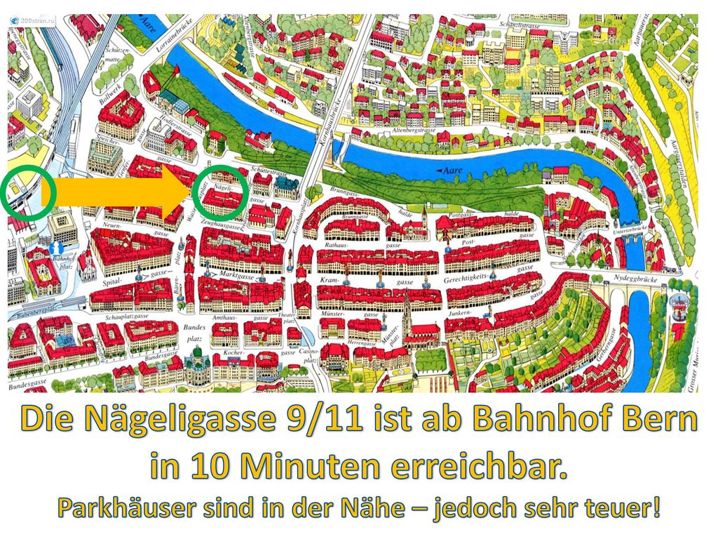 Die Nägeligasse 9/11 ist ab Bahnhof Bern in 10 Minuten erreichbar.