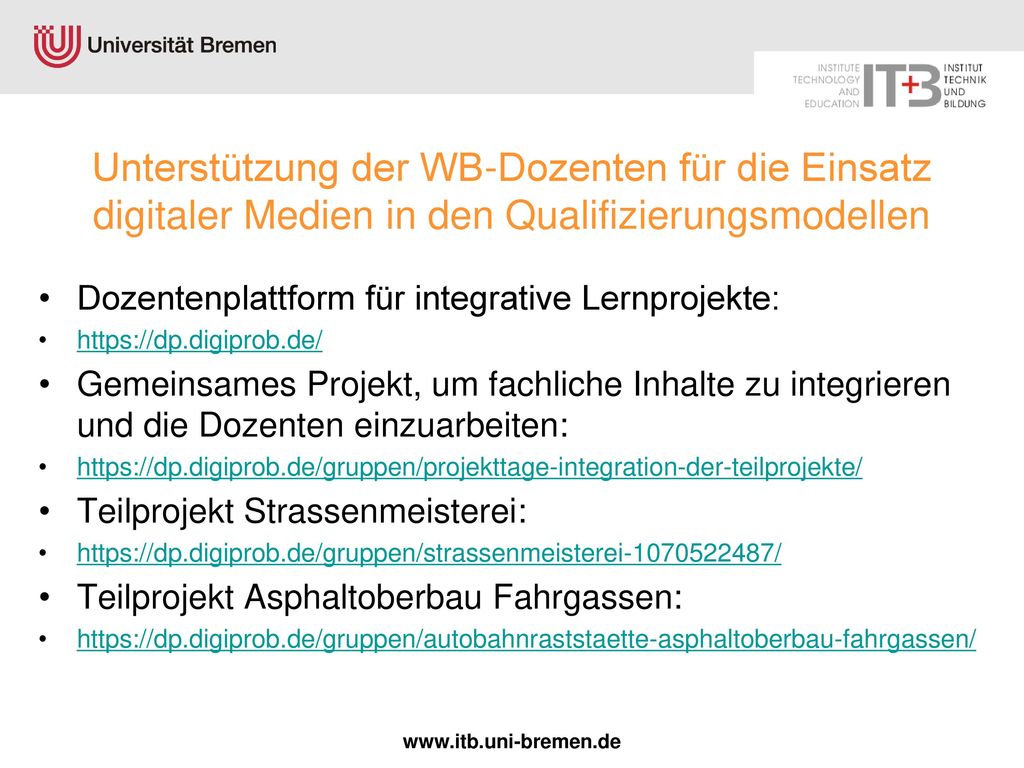 Unterstützung der WB-Dozenten für die Einsatz digitaler Medien in den Qualifizierungsmodellen