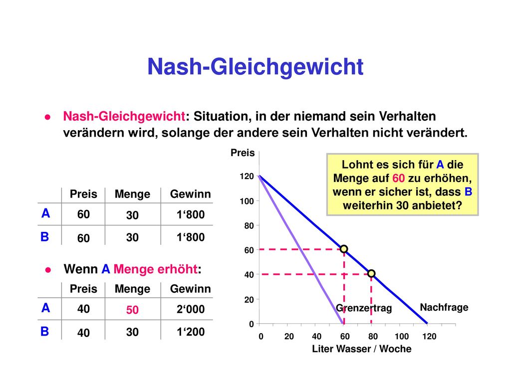 Nash-Gleichgewicht Nash-Gleichgewicht: Situation, in der niemand sein Verhalten verändern wird, solange der andere sein Verhalten nicht verändert.