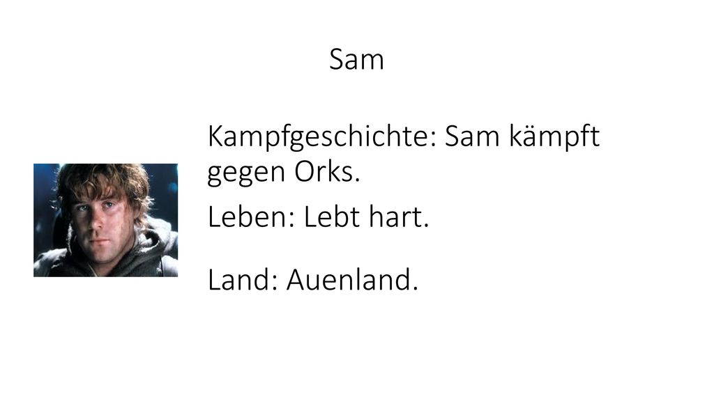 Sam Kampfgeschichte: Sam kämpft gegen Orks. Leben: Lebt hart. Land: Auenland.