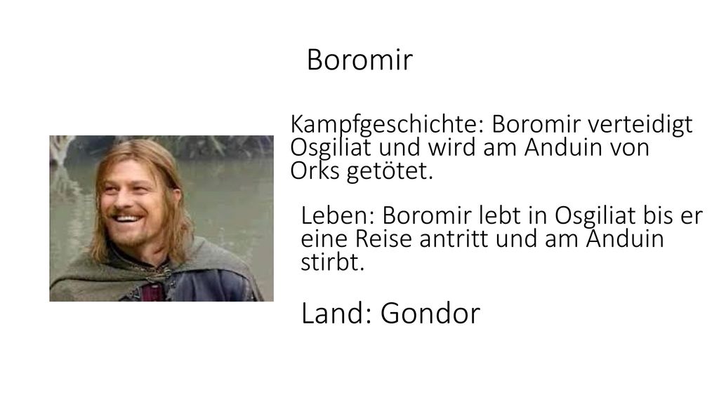 Boromir Kampfgeschichte: Boromir verteidigt Osgiliat und wird am Anduin von Orks getötet.