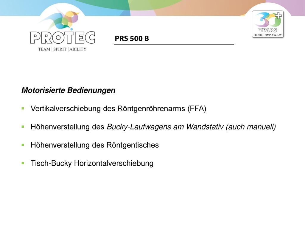 PRS 500 B Motorisierte Bedienungen. Vertikalverschiebung des Röntgenröhrenarms (FFA)