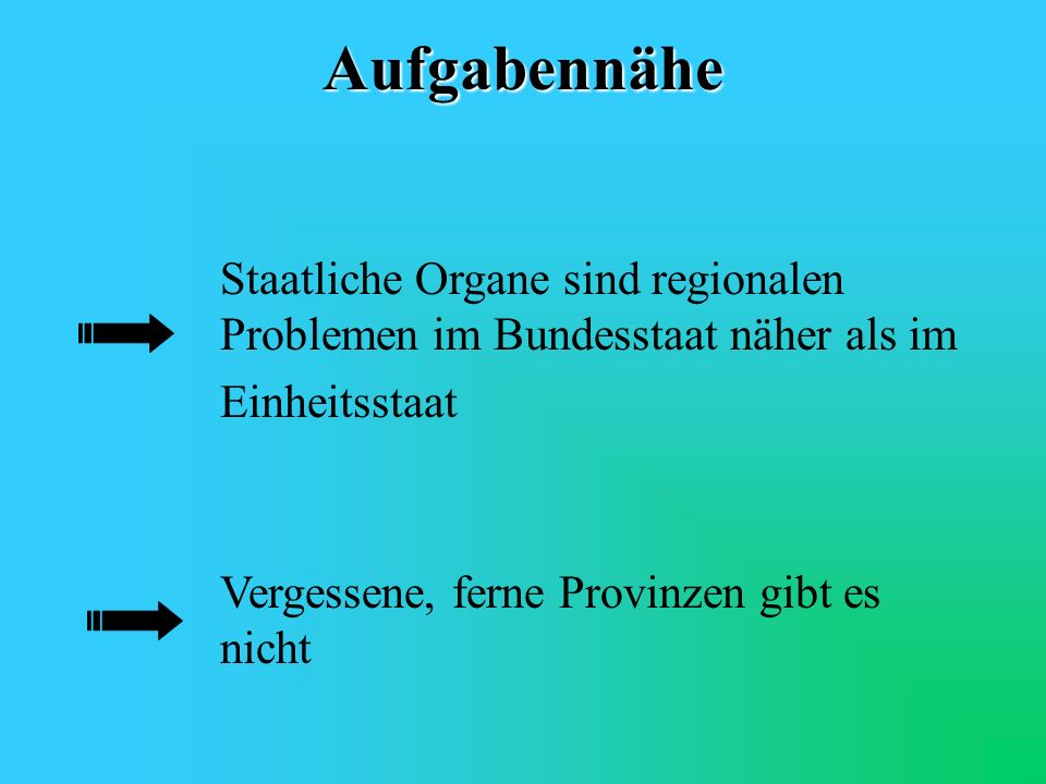 Aufgabennähe Staatliche Organe sind regionalen Problemen im Bundesstaat näher als im Einheitsstaat.