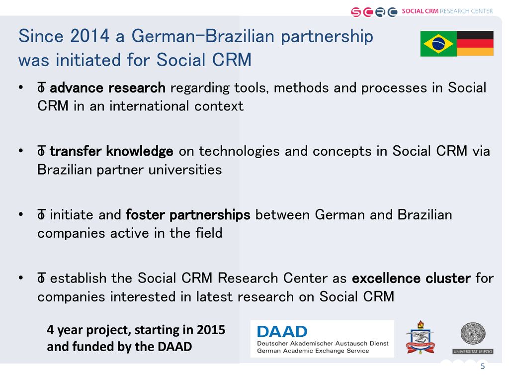 Since 2014 a German-Brazilian partnership was initiated for Social CRM