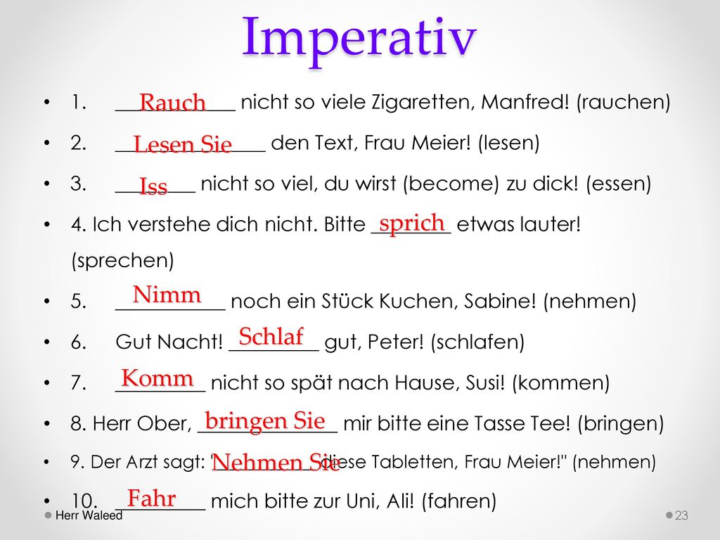 Imperativ Rauch Lesen Sie Iss sprich Nimm Schlaf Komm bringen Sie