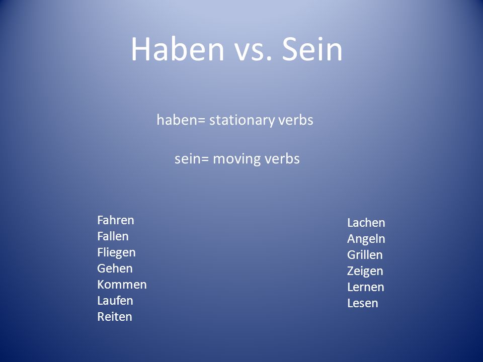 Haben vs. Sein haben= stationary verbs sein= moving verbs Fahren