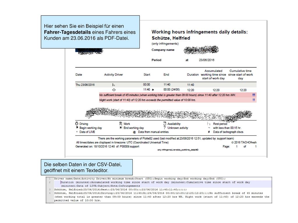 Hier sehen Sie ein Beispiel für einen Fahrer-Tagesdetails eines Fahrers eines Kunden am als PDF-Datei.