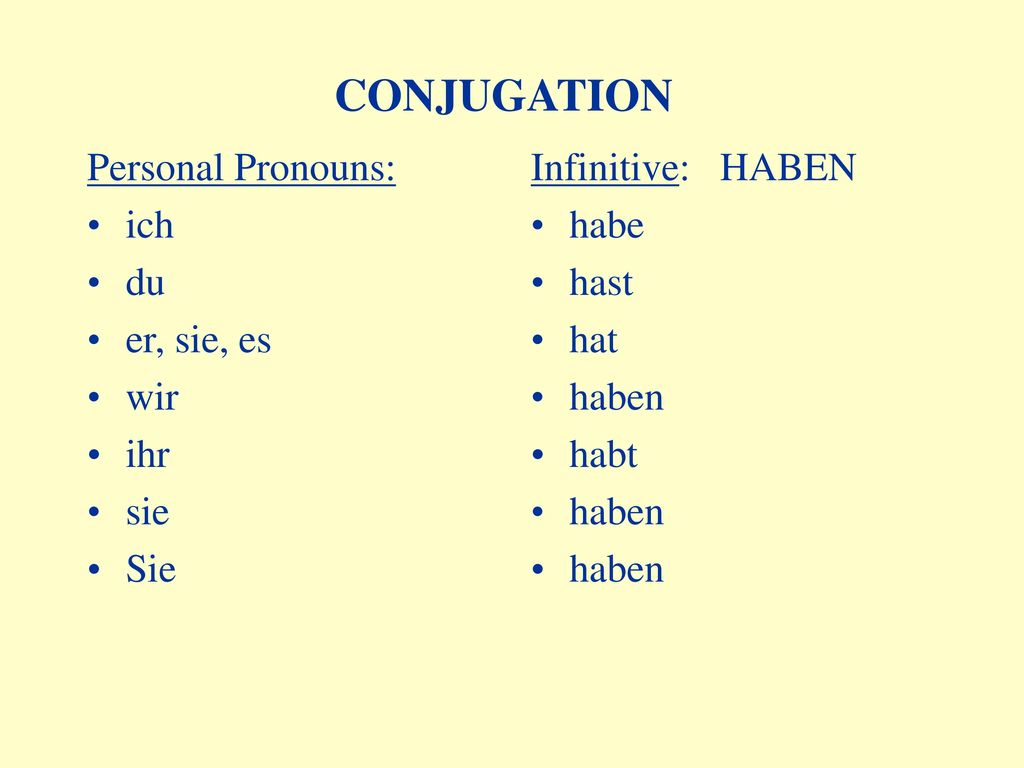 CONJUGATION Personal Pronouns: ich du er, sie, es wir ihr sie Sie