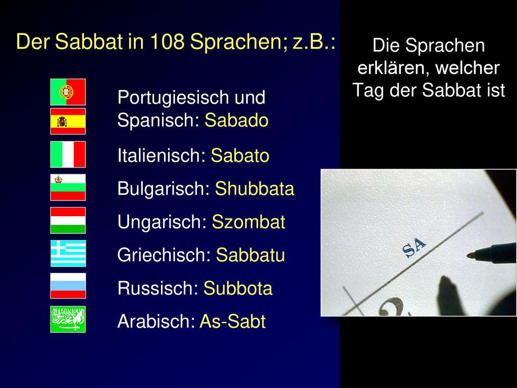 Die Sprachen erklären, welcher Tag der Sabbat ist